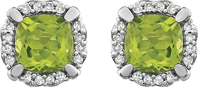 14K Gold Natural Peridot & Natural Diamond Cushion 4-Prong Halo-Style Birthstone Earrings - view 6