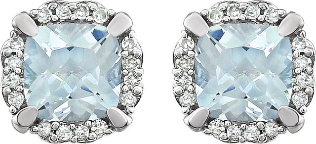14K Gold Natural Aquamarine & Natural Diamond Cushion 4-Prong Halo-Style Birthstone Earrings - view 6