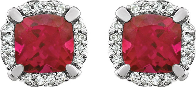 14K Gold Lab-Grown Ruby & Natural Diamond Cushion 4-Prong Halo-Style Birthstone Earrings - view 6