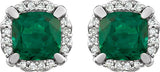 14K Gold Lab-Grown Emerald & Natural Diamond Cushion 4-Prong Halo-Style Birthstone Earrings - view 6