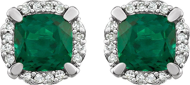 14K Gold Lab-Grown Emerald & Natural Diamond Cushion 4-Prong Halo-Style Birthstone Earrings - view 6