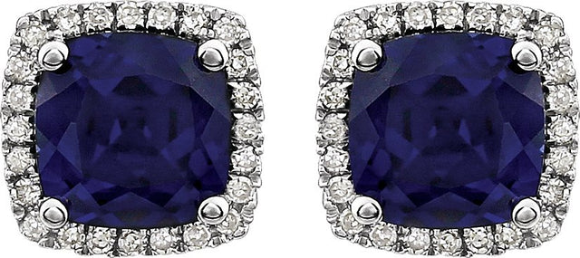 14K Gold Cushion Lab-Grown Blue Sapphire & Natural Diamond Round 4-Prong Halo-Style Earrings - view 4