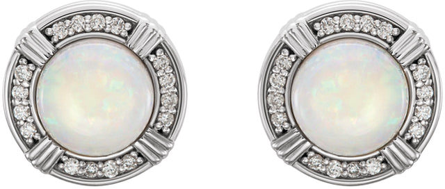 Platinum Round Natural White Opal & Natural Diamond Bezel-Set Halo-Style Earrings - view 4