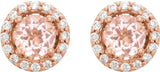 14K Gold Natural Pink Morganite & Natural Diamond Round 4-Prong Halo-Style Earrings - view 4