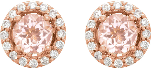 14K Gold Natural Pink Morganite & Natural Diamond Round 4-Prong Halo-Style Earrings - view 4