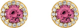 14K Gold Natural Pink Tourmaline Round 4-Prong Halo-Style Earrings – 3.5-5mm Stones - Yellow Gold - view 6