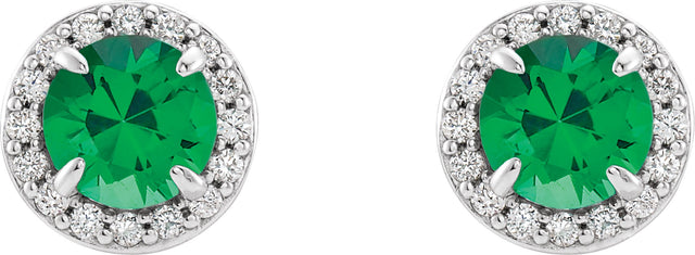 14K Gold Lab-Grown Emerald Round 4-Prong Halo-Style Earrings – 3.5-5mm Stones - White Gold - view 6