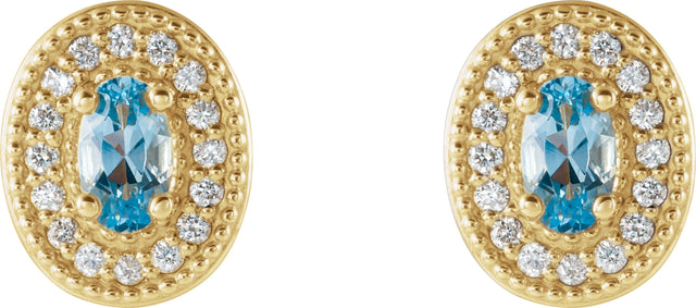 14K Gold Natural Aquamarine & Natural Diamond Oval 4-Prong Halo-Style Earrings - Yellow Gold - view 4