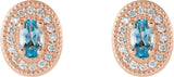 14K Gold Natural Aquamarine & Natural Diamond Oval 4-Prong Halo-Style Earrings - Rose Gold - view 4