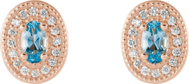 14K Gold Natural Aquamarine & Natural Diamond Oval 4-Prong Halo-Style Earrings - Rose Gold - view 4