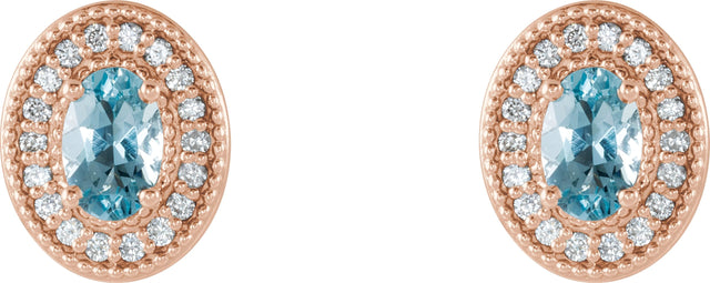 14K Gold Natural Aquamarine & Natural Diamond Oval 4-Prong Halo-Style Earrings - Rose Gold - view 4
