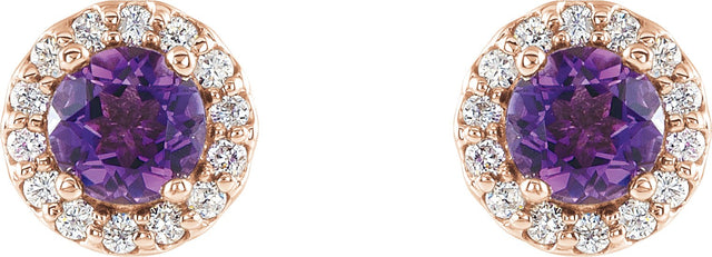 14K Gold Natural Amethyst Round 4-Prong Halo-Style Earrings – 3-6mm Stones - Rose Gold - view 8