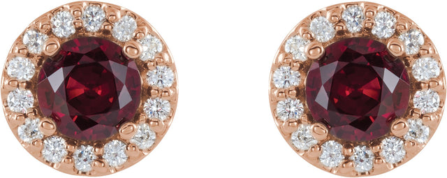14K Gold Natural Ruby Round 4-Prong Halo-Style Earrings II - Rose Gold - view 8