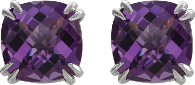 14K Gold Natural Amethyst Cushion Double Claw-Prong Stud Earrings - White Gold - view 4
