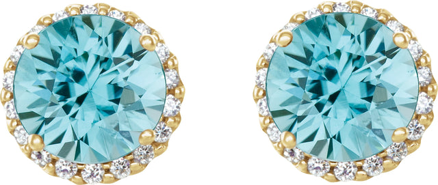 14K Gold Natural Blue Zircon Round 4-Prong Halo-Style Earrings – 3-6mm Stones - Yellow Gold - view 6