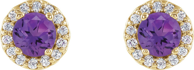 14K Gold Natural Amethyst Round 4-Prong Halo-Style Earrings – 3-6mm Stones - Yellow Gold - view 6