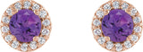 14K Gold Natural Amethyst Round 4-Prong Halo-Style Earrings – 3-6mm Stones - Rose Gold - view 6