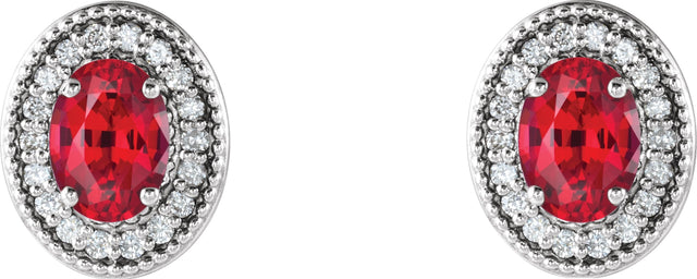 14K Gold Lab-Grown Ruby & Natural Diamond Oval 4-Prong Halo-Style Earrings - White Gold - view 4
