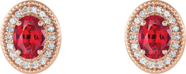 14K Gold Natural Ruby & Natural Diamond Oval 4-Prong Halo-Style Earrings - Rose Gold - view 4