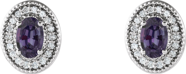 Platinum Lab-Grown Alexandrite & Natural Diamond Oval 4-Prong Halo-Style Earrings - view 4