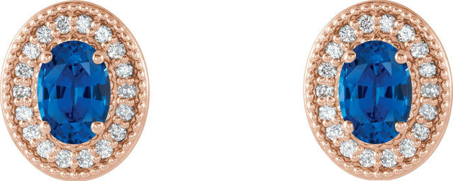 14K Gold Natural Blue Sapphire & Natural Diamond Oval 4-Prong Halo-Style Earrings - Rose Gold - view 4