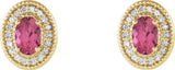 14K Gold Natural Pink Tourmaline & Natural Diamond Oval 4-Prong Halo-Style Earrings - Yellow Gold - view 4