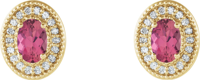 14K Gold Natural Pink Tourmaline & Natural Diamond Oval 4-Prong Halo-Style Earrings - Yellow Gold - view 4