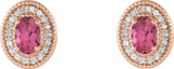 14K Gold Natural Pink Tourmaline & Natural Diamond Oval 4-Prong Halo-Style Earrings - Rose Gold - view 4