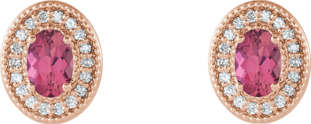 14K Gold Natural Pink Tourmaline & Natural Diamond Oval 4-Prong Halo-Style Earrings - Rose Gold - view 4