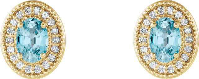 14K Gold Natural Blue Zircon & Natural Diamond Oval 4-Prong Halo-Style Earrings - Yellow Gold - view 4