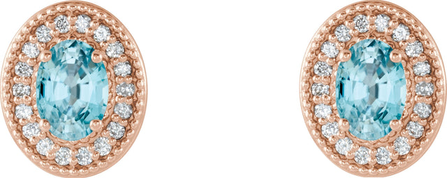 14K Gold Natural Blue Zircon & Natural Diamond Oval 4-Prong Halo-Style Earrings - Rose Gold - view 4