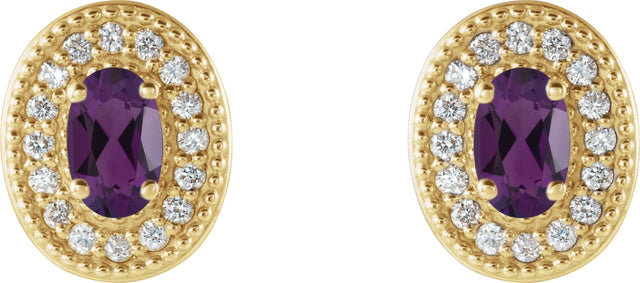14K Gold Natural Amethyst & Natural Diamond Oval 4-Prong Halo-Style Earrings - Yellow Gold - view 4