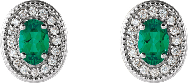 14K Gold Natural Emerald & Natural Diamond Oval 4-Prong Halo-Style Earrings - White Gold - view 4