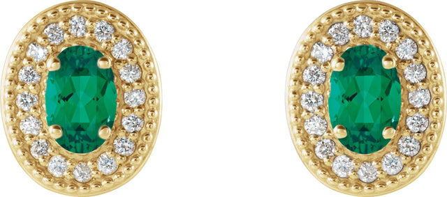 14K Gold Lab-Grown Emerald & Natural Diamond Oval 4-Prong Halo-Style Earrings - Yellow Gold - view 4
