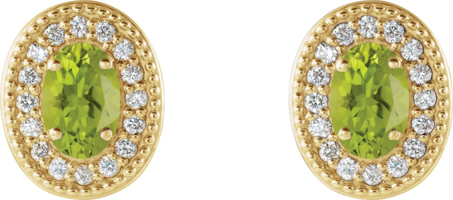 14K Gold Natural Peridot & Natural Diamond Oval 4-Prong Halo-Style Earrings - Yellow Gold - view 4