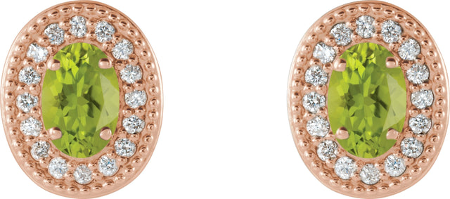 14K Gold Natural Peridot & Natural Diamond Oval 4-Prong Halo-Style Earrings - Rose Gold - view 4