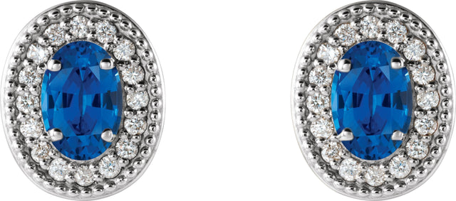 Platinum Natural Blue Sapphire & Natural Diamond Oval 4-Prong Halo-Style Earrings - view 4