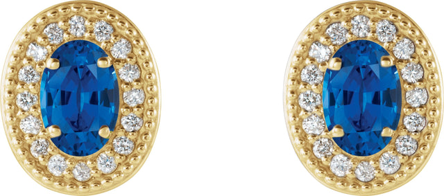 14K Gold Lab-Grown Blue Sapphire & Natural Diamond Oval 4-Prong Halo-Style Earrings – 5x3mm - Yellow Gold - view 4