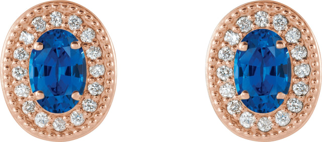 14K Gold Lab-Grown Blue Sapphire & Natural Diamond Oval 4-Prong Halo-Style Earrings – 5x3mm - Rose Gold - view 4