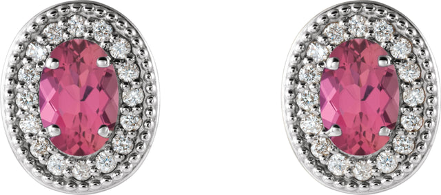 14K Gold Natural Pink Tourmaline & Natural Diamond Oval 4-Prong Halo-Style Earrings - White Gold - view 4