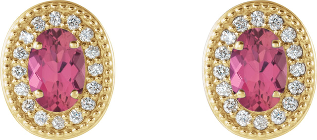 14K Gold Natural Pink Tourmaline & Natural Diamond Oval 4-Prong Halo-Style Earrings - Yellow Gold - view 4