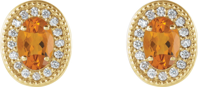 14K Gold Natural Citrine & Natural Diamond Oval 4-Prong Halo-Style Earrings - Yellow Gold - view 4