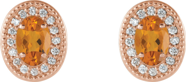 14K Gold Natural Citrine & Natural Diamond Oval 4-Prong Halo-Style Earrings - Rose Gold - view 4