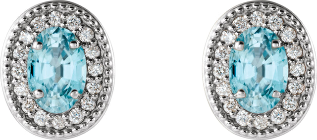 14K Gold Natural Blue Zircon & Natural Diamond Oval 4-Prong Halo-Style Earrings - White Gold - view 4