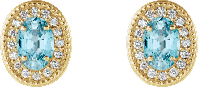 14K Gold Natural Blue Zircon & Natural Diamond Oval 4-Prong Halo-Style Earrings - Yellow Gold - view 4