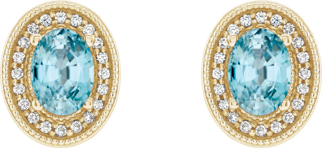 14K Gold Natural Blue Zircon & Natural Diamond Oval 4-Prong Halo-Style Earrings - Yellow Gold - view 4