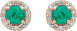 14K Gold Natural Emerald Round 4-Prong Halo-Style Earrings II - Rose Gold - view 8