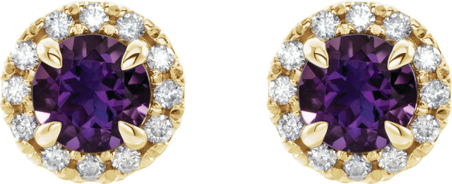 14K Gold Round Natural Amethyst French-Set Halo-Style Earrings - Yellow Gold - view 6