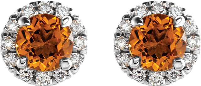 14K Gold Round Natural Citrine French-Set Halo-Style Earrings - White Gold - view 6