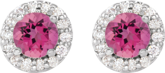 Platinum Natural Pink Tourmaline Round 4-Prong Halo-Style Earrings II - view 8